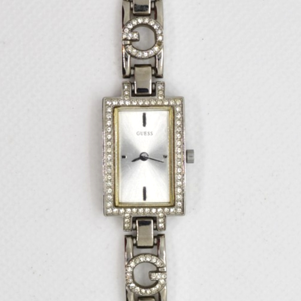 Vintage GUESS Tank Watch Crystal Bezel Silver Tone Rectangle - Y2K Aesthetic